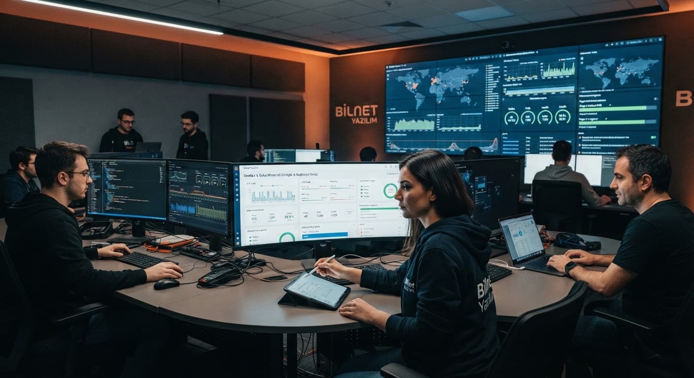 Engineers working in an operations center, monitoring live infrastructure telemetry on large screens.