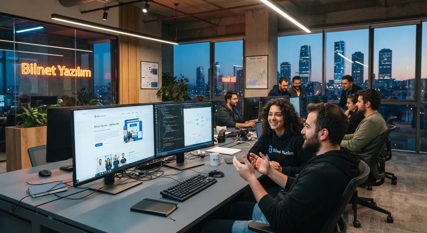 A software team working together around dual-monitor desks at the R&D office in Maslak.